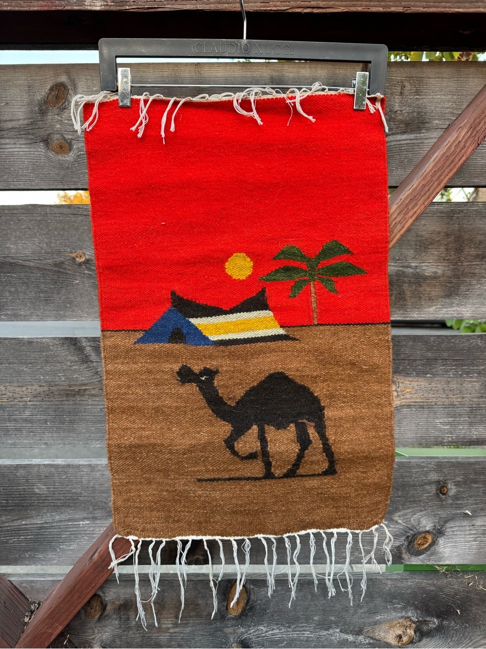 Vintage Handwoven Wool Egypt Tapestry Boho Desert Camel Wall Hanging 24x15 Art